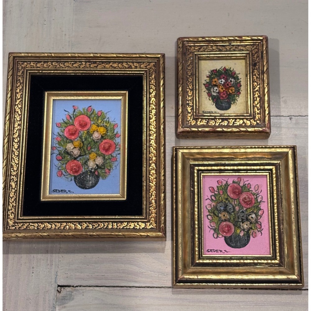 Seder C Signed Miniature Floral Oil Paintings Set of 3 Gold Ornate Frames Art